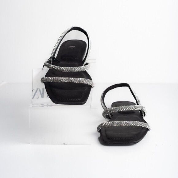 Zara Womens Black Strappy Rhinestone Slingback Flat Sandals Sz US 7.5 EU 38 - Picture 4 of 10